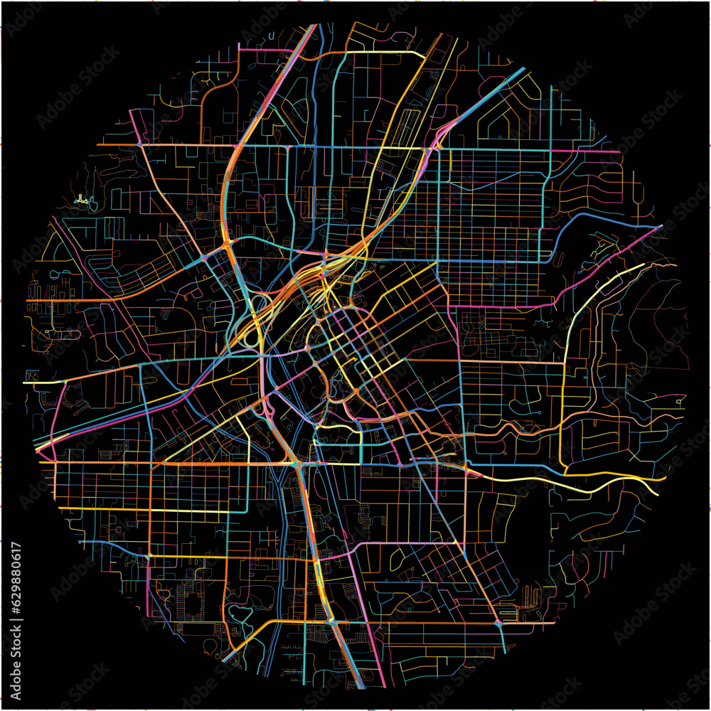 Colorful Map of Huntsville, Alabama with all major and minor roads.
