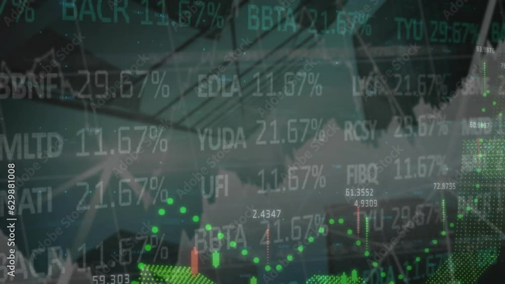 Animation of financial and stock market data processing against low angle view of tall buildings Animation of financial and stock market data processing against low angle view of tall buildings