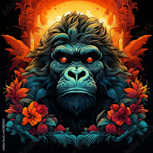 A powerful gorilla totem, exuding strength and dominance, intricately designed with Aztec Greeble tribal motifs, against a backdrop of a lush jungle