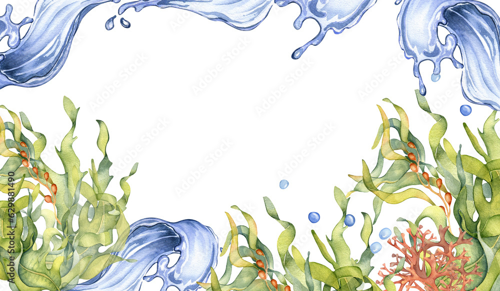 Board of green sea plants and water splash watercolor illustration