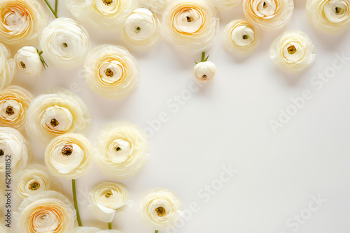 white ranunculuses pattern on a white background close up flat lay with copy space