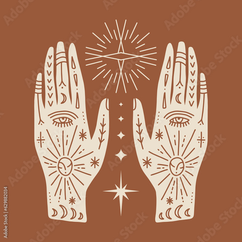 Hand drawn Reiki boho floral hands and moon art, meditation and energy healing practice illustration. Earth Day nature concept.