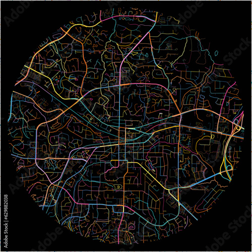 Colorful Map of Cary, North Carolina with all major and minor roads.