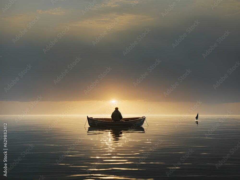 a lone figure in the small boats