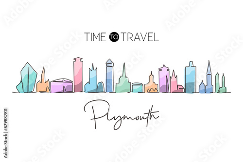 Single one line drawing Plymouth city skyline, England. Famous city scraper landscape. World travel home wall decor art poster print concept. Continuous line draw design graphic vector illustration