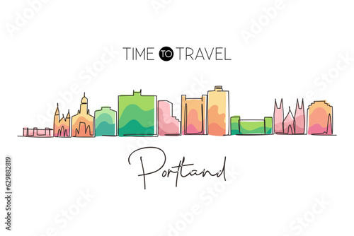 Continuous one line drawing Portland city skyline, Maine. Historical town landscape in world. Best holiday destination wall decor. Editable stroke trendy single line draw design vector illustration