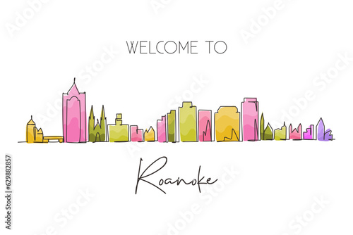 Single continuous line drawing Roanoke city skyline, Virginia. Beautiful landmark. World landscape tourism travel home wall decor poster print art. Dynamic one line graphic design vector illustration