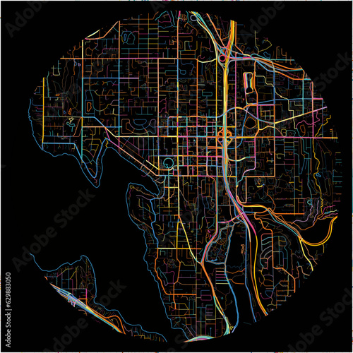 Colorful Map of Bellevue, Washington with all major and minor roads.