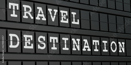 Travel Destination, arrival and departue baord in black. Journey, vacation, travel destination, booking, flying, tourism. 3D illustration