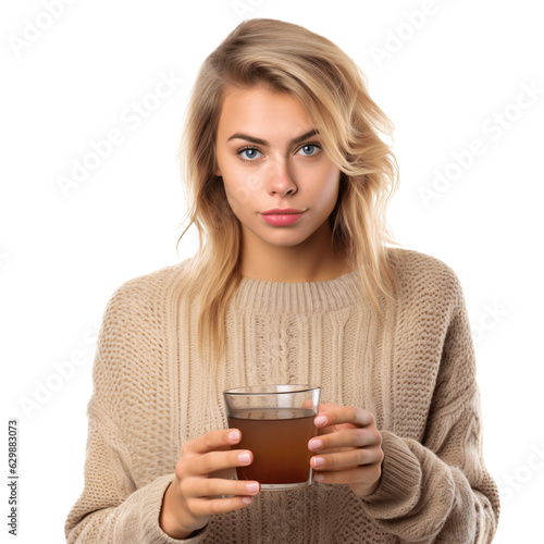 Beautiful blond woman wearing knitted beige sweater and holding a cup of tea. Isolated on transparent background.