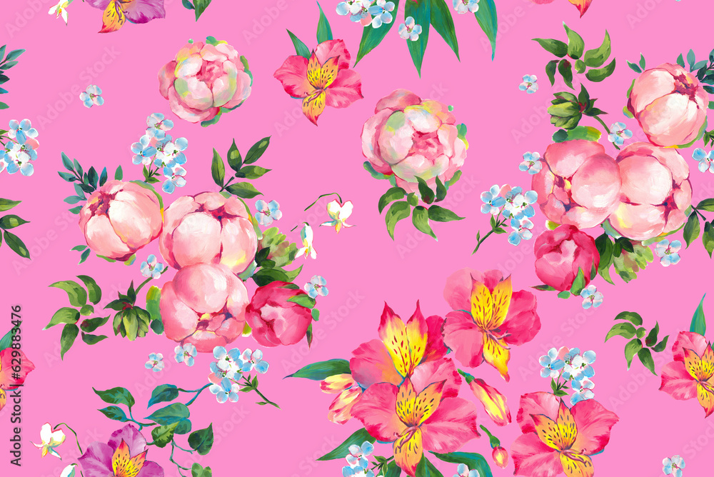 Barbie colors Picturesque bright seamless floral pattern red pink roses painted in oil with large strokes for wallpapers, textiles, postcards, posters, prints on a pink background.