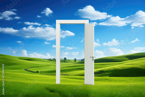 Opened Door with No Entry Sign on a Grass Covered Hill. 3d Rendering