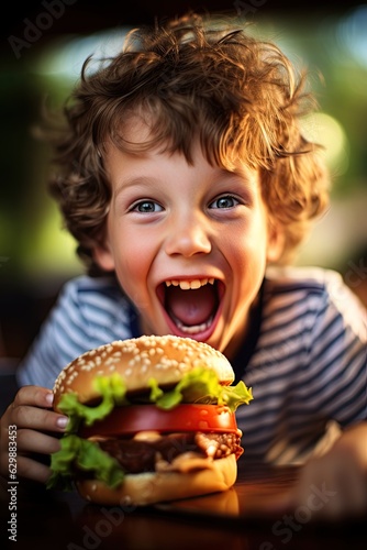 Happy child preparing to eat a big hamburger. Generative Ai