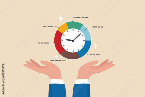 Time management, project plan schedule, deadline or work efficiency, urgency or strategy to finish work in time, productivity or appointment concept, businessman hand holding pie chart with clock.