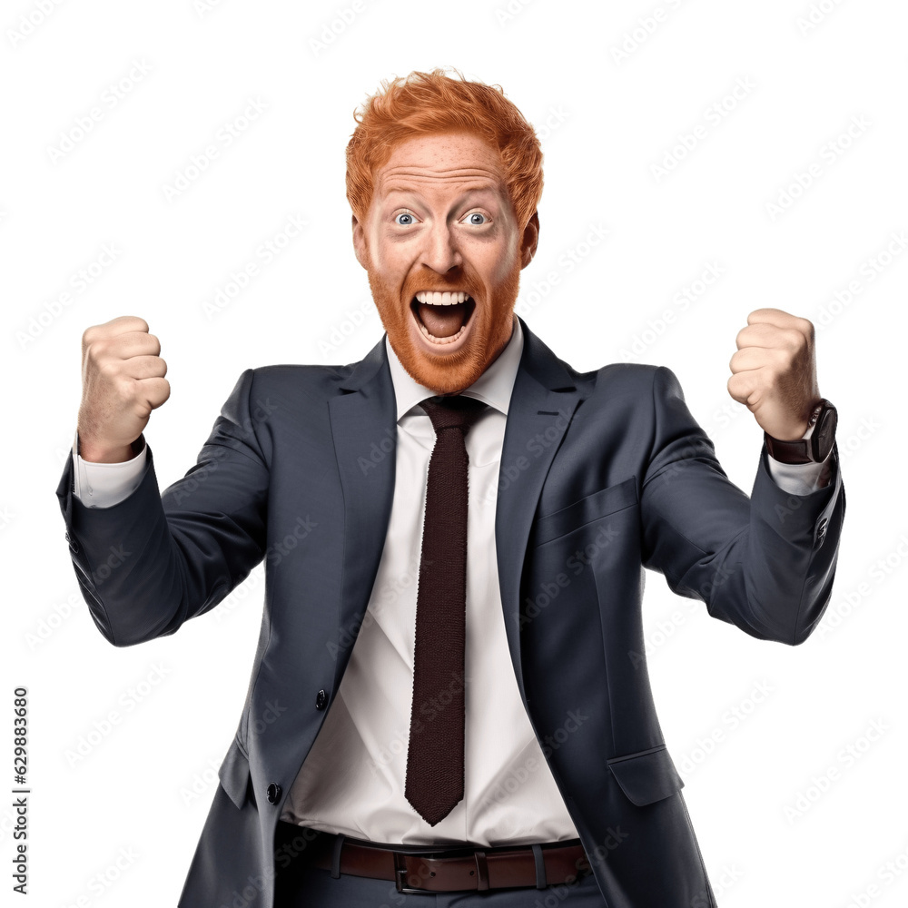 Handsome ginger businessman celebrating success. Isolated on transparent background. Handsome ginger businessman celebrating success. Isolated on transparent background.