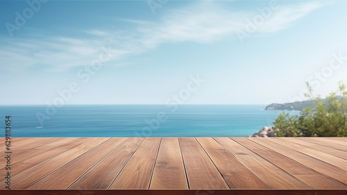 Empty wooden table with sea and blue sky background for product display. Generative AI
