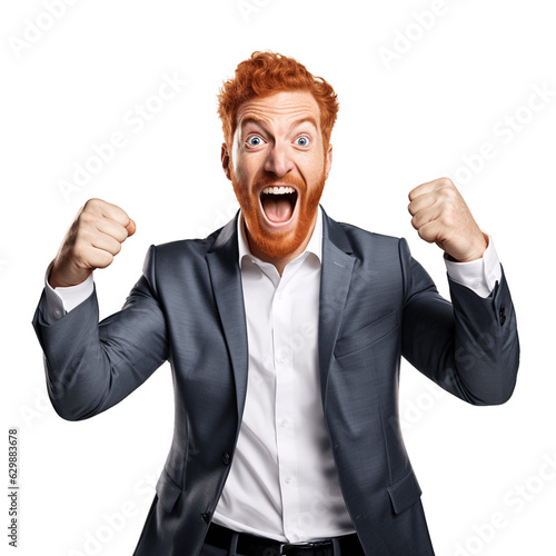 Handsome ginger businessman celebrating success. Isolated on transparent background.