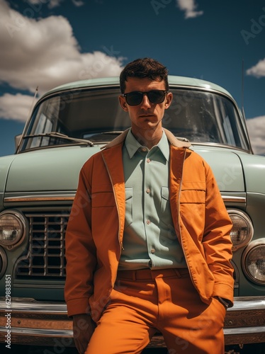 Handsome young man in orange suit and sunglasses standing near retro car. Generative AI © Yaroslav