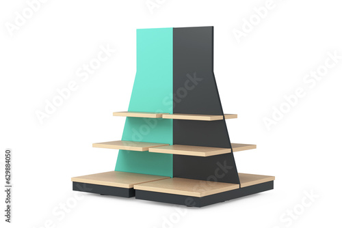 Empty Wooden Store Product Display Showcase Rack Shelves. 3d Rendering