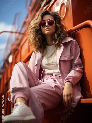 Fashionable young woman in pink clothes and sunglasses sitting on the roof of a ship. Generative AI