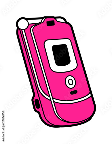 Flat vector illustration of old gadget, 00s elements. Pink retro phone clamshell.