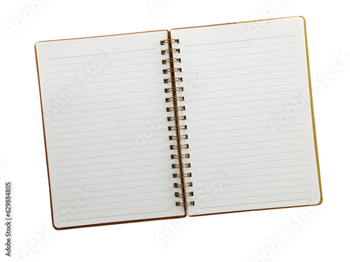 Blank open notebook isolated on transparent background, PNG.