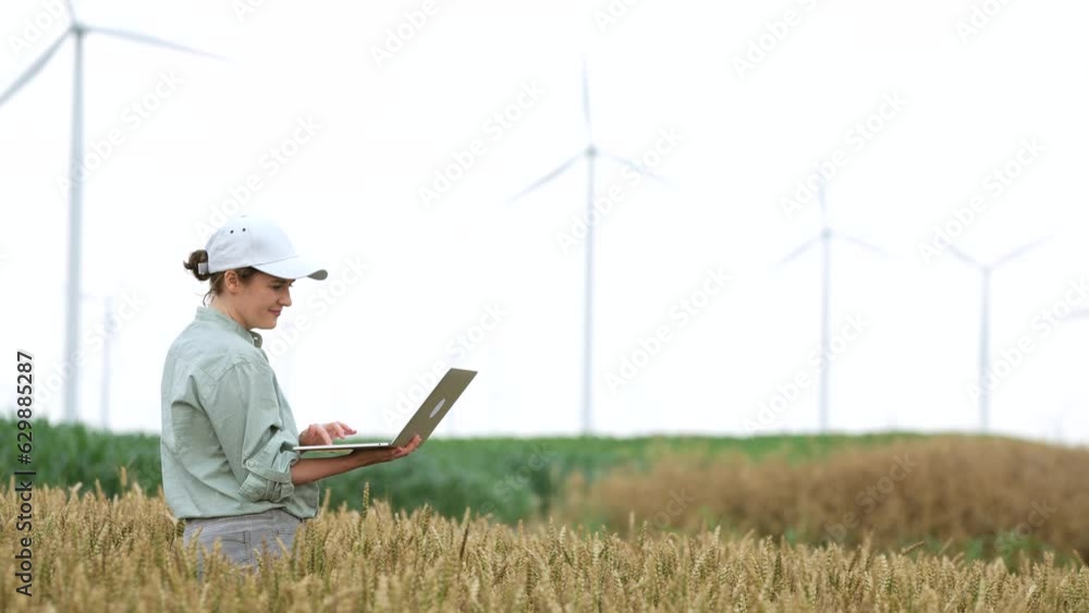 Farmer with laptop on a wheat field, wind turbines on the horizon Farmer with laptop on a wheat field, wind turbines on the horizon