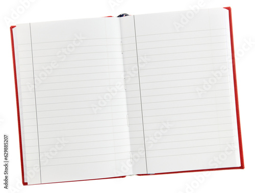Blank open notebook isolated on transparent background, PNG.
