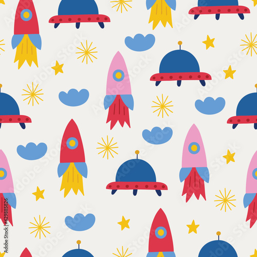 Space seamless pattern with rockets  clouds and stars. Vector illustration