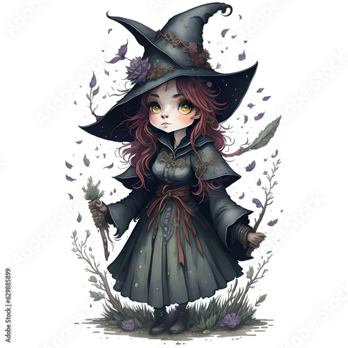 Watercolor Cute witch PNG Design,  Can be used for the logo, t-shirt design, posters, banners, greetings, print design, generative ai   © mizan