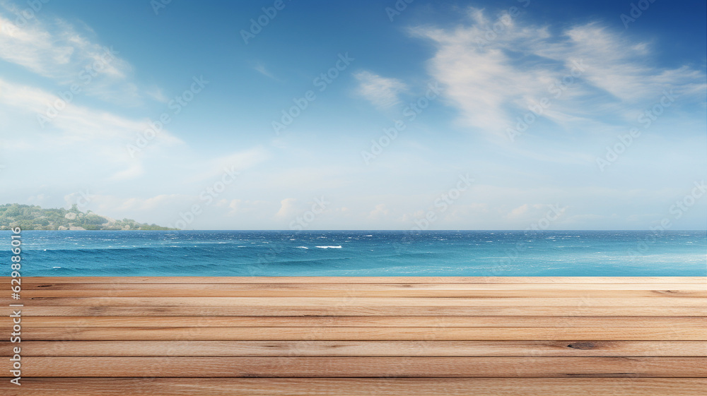 Empty wooden table with sea and blue sky background for product display. Generative AI