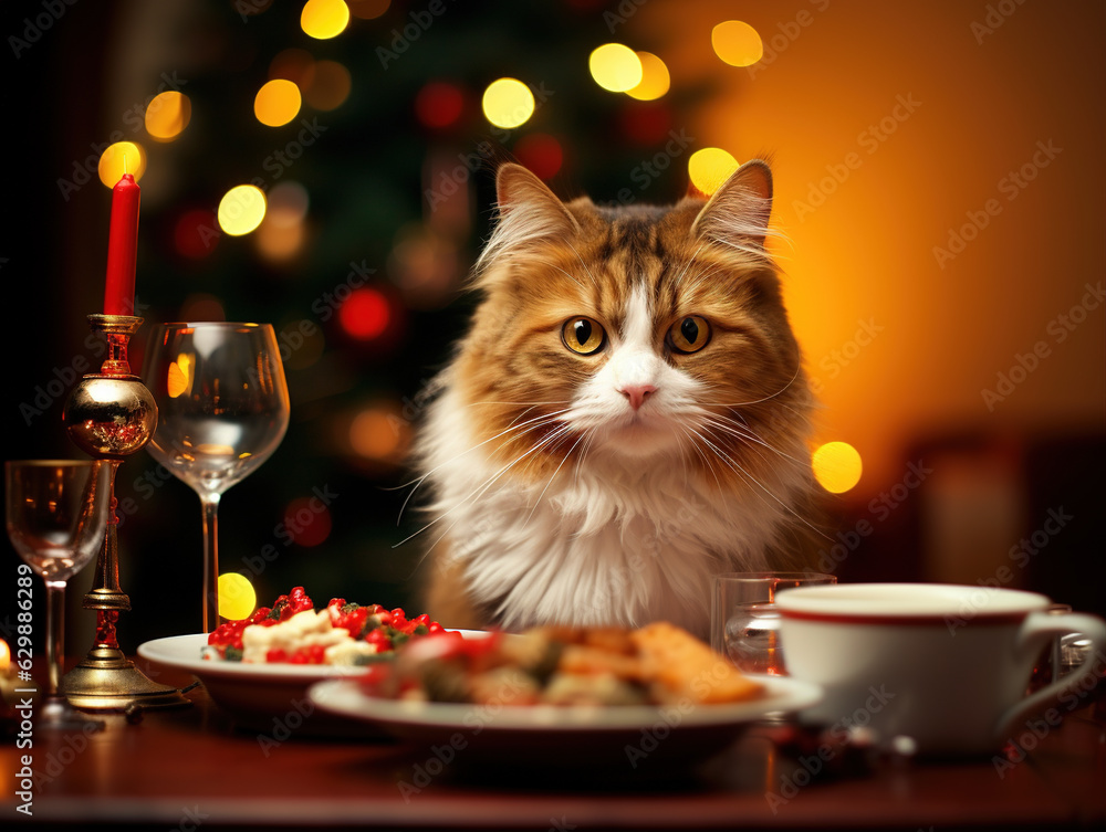 a hungry cat sits close to the dining table, attentively eyeing the Christmas dinner spread. Its intense gaze showcases the feline's eagerness to be part of the festivities and perhaps get a taste