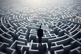 Businessman in Labyrinth Maze. Challenge Strategy Concept. Standing in front an impossible task. 