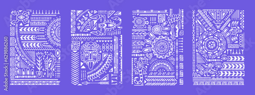 Ethnic posters set. Ancient Aztec tribal cards, interior wall arts with Navajo symbols. Mexican ornaments, patterns, vertical decorations with shapes, lines, elements. Drawn vector illustrations