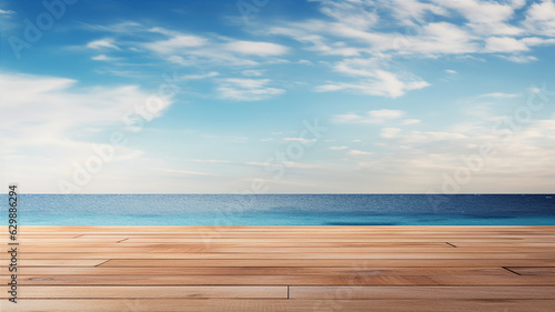 Empty wooden table with sea and blue sky background for product display. Generative AI