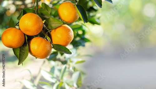 Fresh orange fruits in garden and summer sun light. Free space for your text.