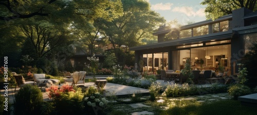 Modern architecture tropical home garden background. Generative AI technology.