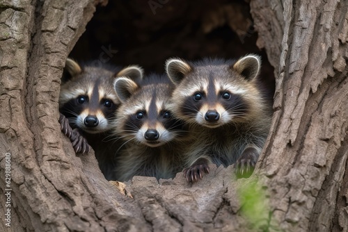 Three young raccoons scrambling over each other. Ai generative..