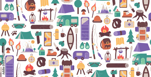 Seamless pattern with things for traveling to the mountains. Fishing and summer camping. Hike with backpacks  rest in the forest. print object stuff design wallpaper. background vector illustration.