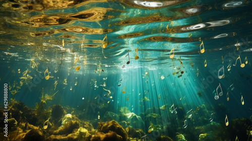 Musical notes falling underwater to the ocean floor, concept about the sounds and music of the sea life, viewed from beneath the surface