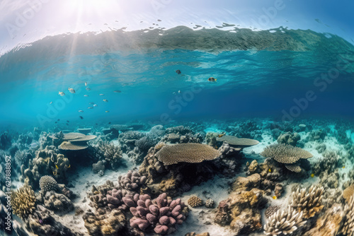 Underwater sea life coral reef panorama with many fishes and marine animals © Kien