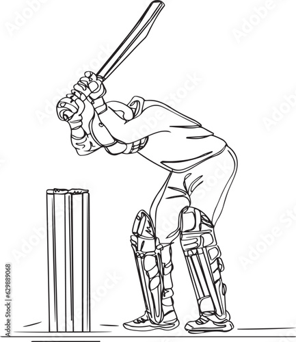 one line continuous sketch drawing cartoon illustration of Cricket batsman, in anger, with his bat on the ground, cricket batsman funny pose, cricket batsman sad because of his team defeat photo