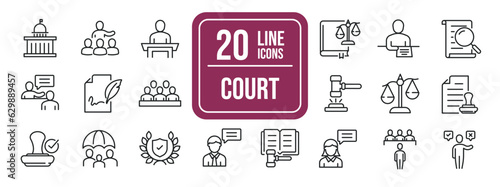 Court minimal thin line icons. Related nailing, law, justice, judgement, investigation. Editable stroke. Vector illustration.