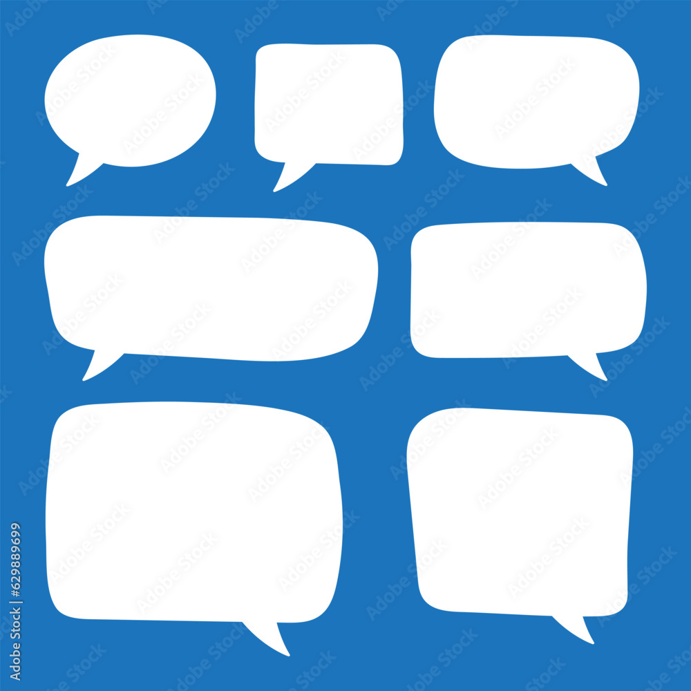 Set of hand drawn speech bubbles. Speak bubble text, cartoon chatting box, message box. Blank empty vector white speech bubbles. Cartoon balloon word design. Set of hand drawn speech bubbles. Speak bubble text, cartoon chatting box, message box. Blank empty vector white speech bubbles. Cartoon balloon word design.