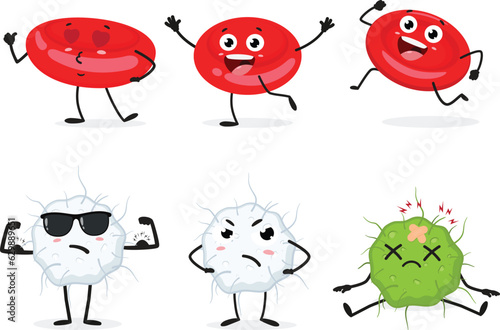 Cartoon red and white blood cells, set of Cute characters, Isolated on white background