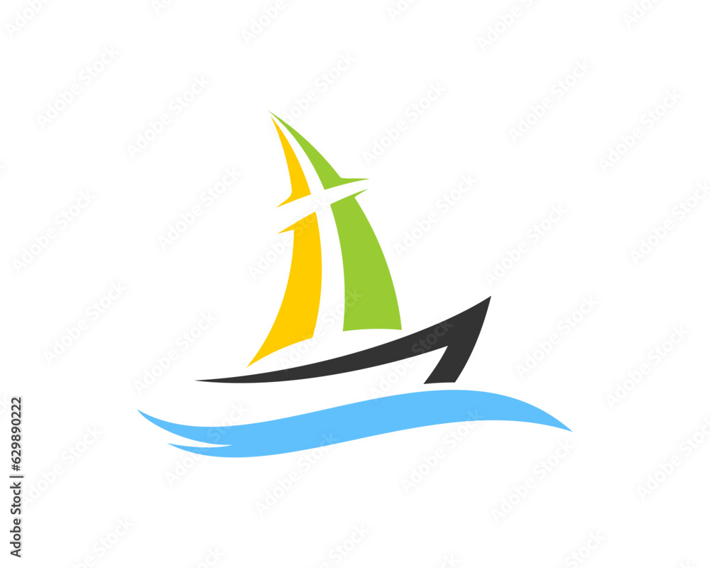 Sailing boat with cross silhouette in the sails