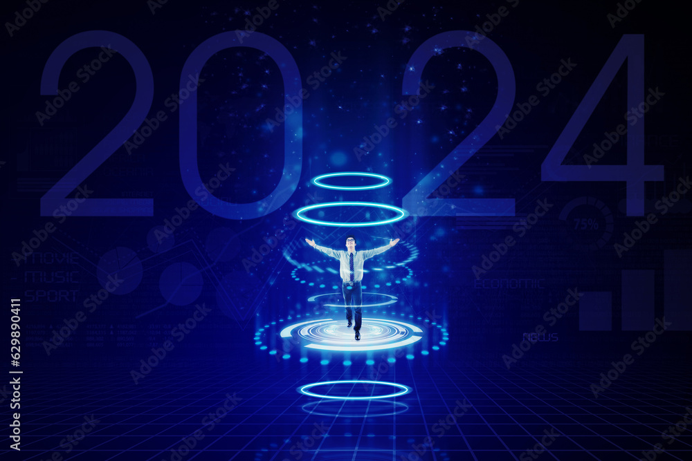 Happy businessman raising hands inside futuristic circles over 2024 financial data Happy businessman raising hands inside futuristic circles over 2024 financial data