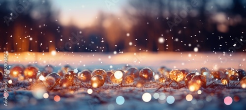 Winter dew on bokeh sunrise forest background. Christmas and new year event concept. Generative AI technology.