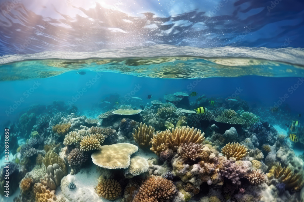 Underwater sea life coral reef panorama with many fishes and marine animals