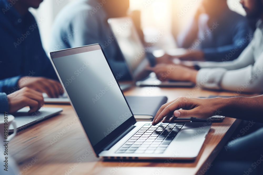 Close up of peoples working on a laptop with copy text space.Business and finances concept. Created with Generative AI technology Close up of peoples working on a laptop with copy text space.Business and finances concept. Created with Generative AI technology